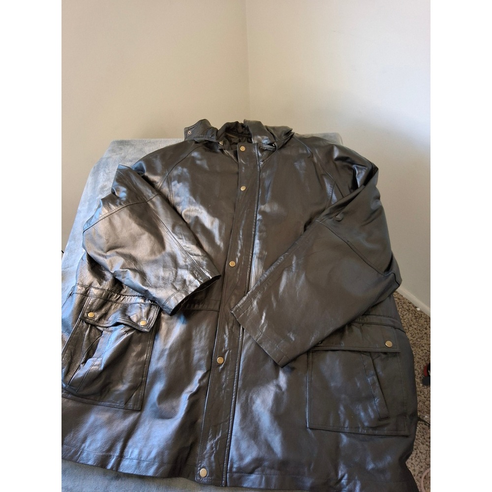 KingSize Mens 6XL Black Genuine Leather Parka Jacket Zip Out Hood Cargo Pockets